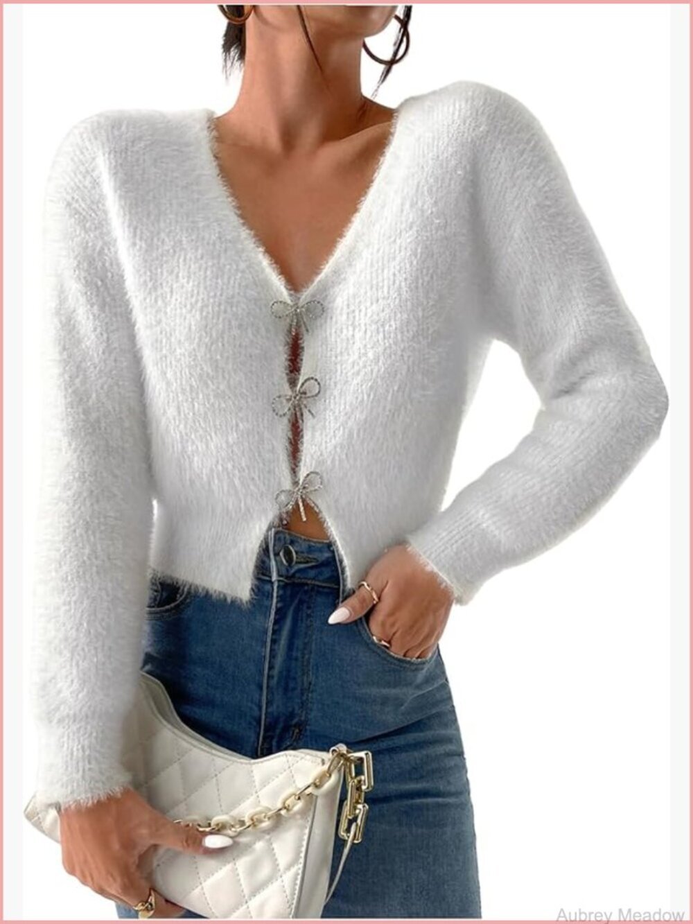 Women's Fuzzy Cropped Cardigan with Rhinestone Bow and Cutout